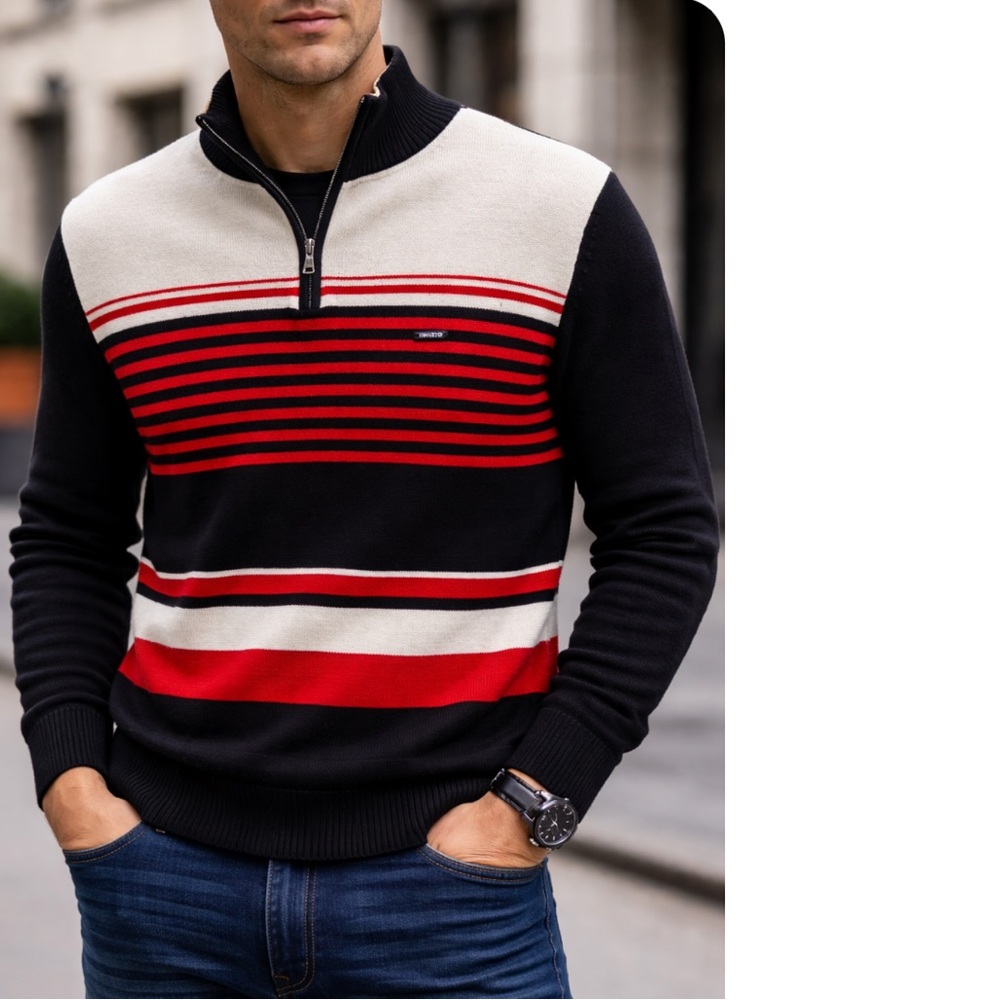 Men's INIZIO Black and Red Striped Sweater
SIZE 100 (small)